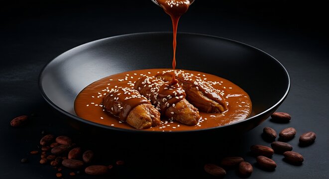 a portion of Mexican Mole Poblano sauce poured over tender chicken pieces garnished with sesame seeds,served in a deep black bowl,surrounded by a subtle scattering of chili,cocoa beans,