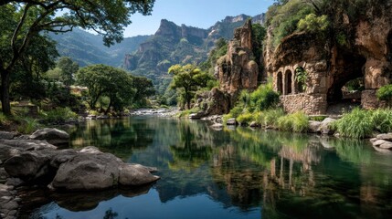 Tranquil river winding through a verdant valley, surrounded by majestic mountains and ancient stone arches integrated into natural rock formations.