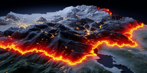 3D Topographic Map of Ukraine Showcasing Terrain Elevation with Glowing Red Highlights and Illuminated City Outlines