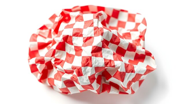 A crumpled red and white checkered paper wrapper, likely used for food, isolated on a white background.
