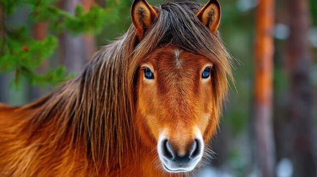 A brown horse with blue eyes is standing in a snowy forest. The horse's eyes are open and it is looking directly at the camera. The scene is serene and peaceful