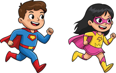 Cartoon superhero children running, kids in costume, playful fantasy heroes, childhood imagination, empowerment, teamwork, colorful illustration, comic style, adventure, fun