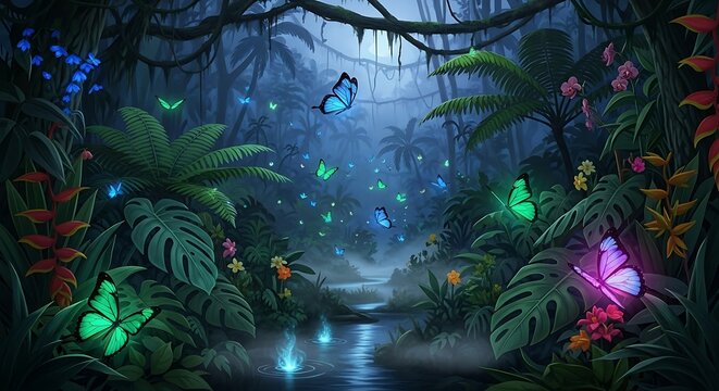 Enchanted Jungle Night with Luminous Butterflies.