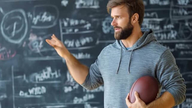 Coach explains techniques to enhance football performance while engaging with players in a classroom setting. Tactics and drills are shared for skill development.