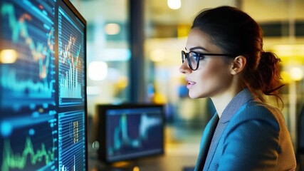 A woman in a business suit focuses intently on multiple computer screens displaying financial charts and data. The ambiance is bright and contemporary, suggesting a high-tech workplace. - Powered by Adobe
