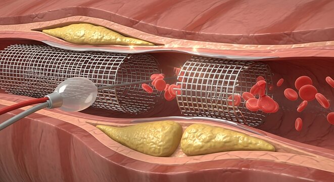 Medical illustration of a stent procedure in an artery.