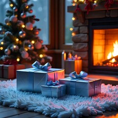 An array of elegant Christmas gift boxes wrapped in blue paper,