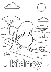 coloring book kidney hiking with backpack in savannah, anatomy cartoon for kids