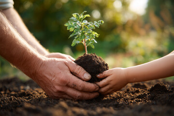 Close-up of adult and child hands planting a young seedling in fertile soil, symbolizing environmental care, gardening teamwork, growth and intergenerational connection in sunlight.