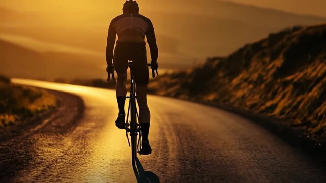 A cyclist rides alone on a peaceful road during sunset, surrounded by beautiful mountains and warm sunlight. The serene atmosphere creates a perfect escape for outdoor enthusiasts.