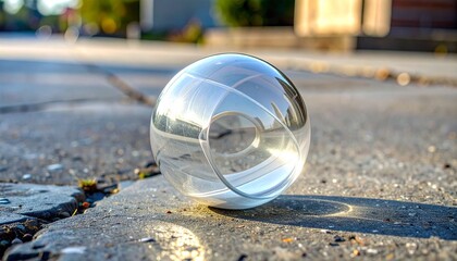 Clear glass sphere on concrete surface reflecting inverted view of buildings, trees, and sky, background blurred to emphasize optical effects of light refraction and reflection in urban setting.