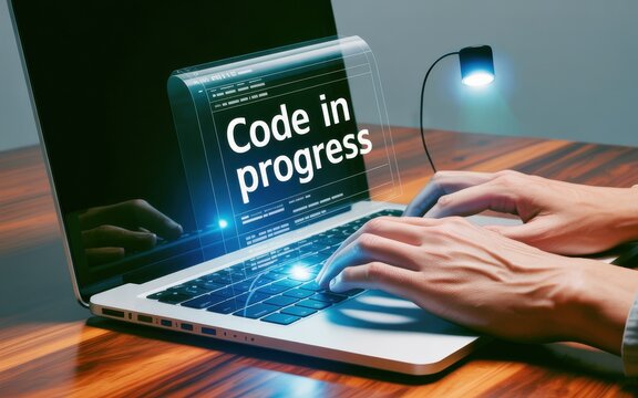 A software developer is typing on a laptop, with a futuristic holographic screen projecting from the display showing programming code in development