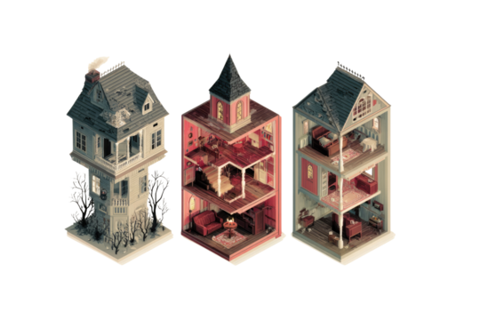 Three unique isometric pixel art houses: a spooky Victorian, and two charmingly detailed cutaway homes with intricate, cozy furnished interiors. background removed
