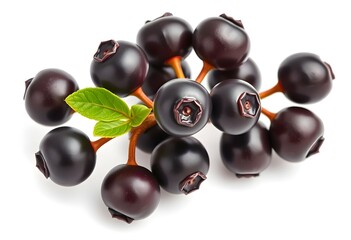 Close-up of fresh dark elderberries on stems with a green leaf, isolated on a white background, showcasing their rich color and texture.