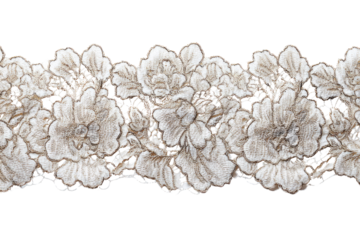 A beautiful, intricate champagne-colored floral lace trim with embroidered blossoms, ideal for elegant design elements, wedding attire, or decorative borders. background removed