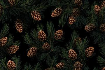 Fototapeta premium Close-up arrangement of pine cones and evergreen pine branches on a dark background, creating a rich seasonal texture and natural botanical pattern for holiday or nature themes.