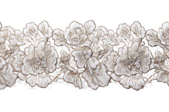 A beautiful, intricate champagne-colored floral lace trim with embroidered blossoms, ideal for elegant design elements, wedding attire, or decorative borders. background removed