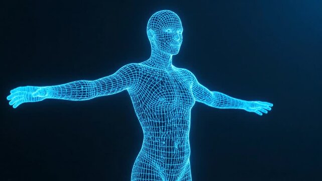 Futuristic 3D Animation of a Digital Human Avatar in a Glowing Blue Wireframe Mesh