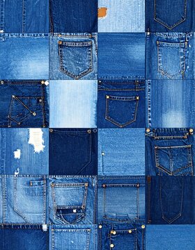 A grid of denim patches, various shades of blue