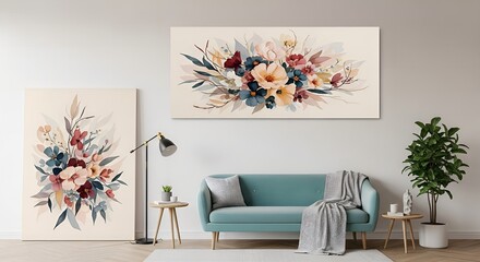 Elegant living room with floral watercolor paintings and a turquoise sofa