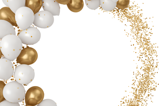 white and gold balloon frame with golden confetti, isolated on a transparent