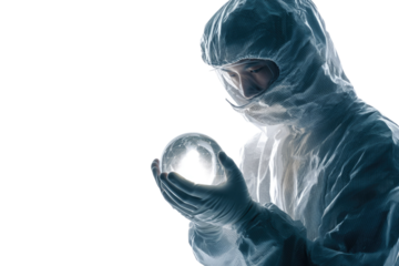 A person in a sterile cleanroom suit carefully holds a glowing digital globe, symbolizing global connectivity, innovation, and advanced technological research. background removed