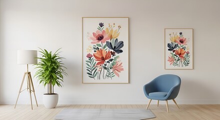 Bright and airy living room with floral art and a cozy blue armchair