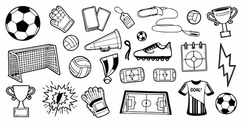 Collection of hand drawn soccer football elements and equipment for sports design