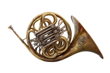 Vintage brass French horn with its characteristic coiled pipes and rotary valves, a beautiful classical orchestral wind instrument. background removed