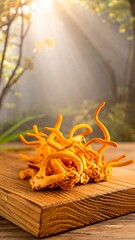 Brightly lit cluster of orange-yellow fungi on a wooden board
