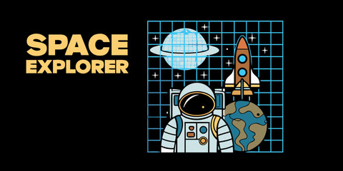 Space explorer astronaut rocket planet and saturn illustration with grid background © John Lee