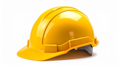 Fototapeta premium Bright yellow construction hard hat with glossy surface and front brim, placed on white background, visible internal suspension system, symbolizing safety gear for industrial and construction use.