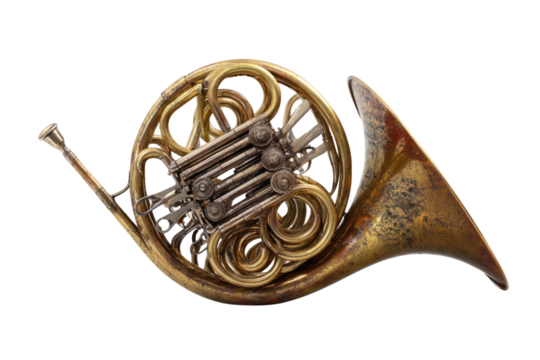 Vintage brass French horn with its characteristic coiled pipes and rotary valves, a beautiful classical orchestral wind instrument. background removed