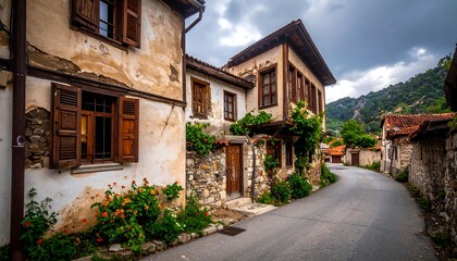 Picturesque Village Street with Historic Buildings.