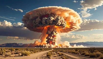 Nuclear explosion in desert landscape, massive mushroom cloud with orange flames and dark smoke, mountains and partly cloudy sky in background, sparse vegetation in foreground, dramatic impact.