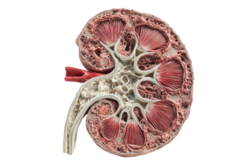 Detailed cross-section of a human kidney, revealing the complex internal structures like cortex, medulla, renal pyramids, and collecting system for educational purposes. background removed