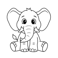 Adorable Baby Elephant Cartoon Sitting Down Outline, Black and White Vector Coloring Page for Kids Activity