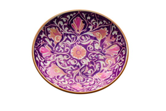 Vibrant purple and pink ceramic bowl, intricately adorned with detailed floral and scroll patterns, featuring a central flower, golden rim. background removed