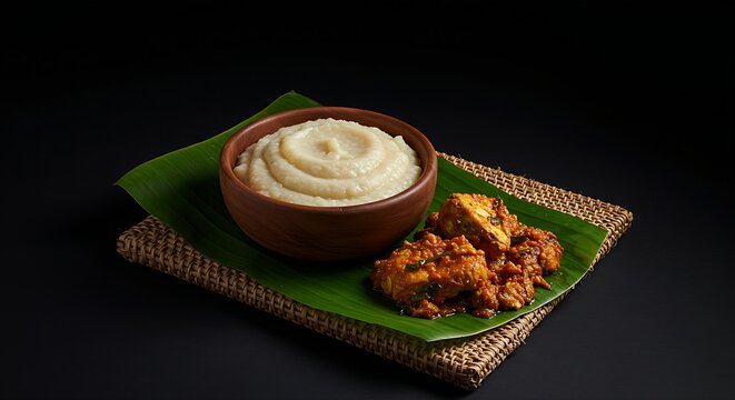 bowl of thick, creamy Ghanaian Kenkey accompanied by a spicy fish stew presented on a piece of plantain leaf,resting on a woven mat on a deep black background,