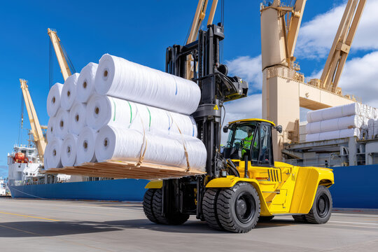 Forklift transporting cargo at busy shipping port