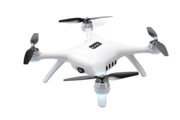 A sleek white quadcopter drone featuring a front-mounted camera, black propellers, and glowing blue lights, presented on a transparent background. background removed