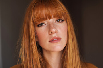 Naklejka premium Closeup portrait of a young redhead woman with long straight hair and bangs, natural makeup and freckles, captured in warm soft studio lighting for beauty and fashion use.