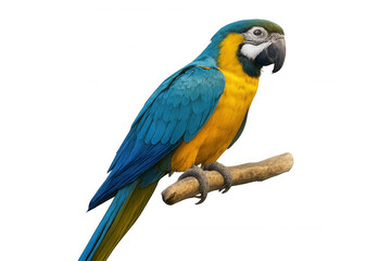 Obraz premium Blue-and-yellow macaw parrot perched on a branch, exotic tropical bird with colorful feathers, transparent background