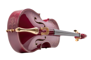 Elegant deep red cello or double bass featuring intricate gold floral engravings and polished metallic hardware, presented on a transparent background. background removed