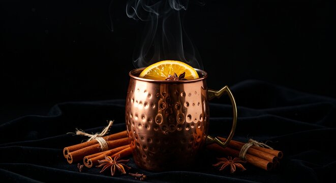 a copper mug of steaming Russian Sbiten garnished with a slice of orange and cloves,set on a dark velvet cloth,subtle backlighting illuminating the steam,creating a rich,winter-warmth aesthetic 
