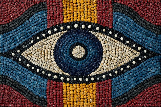 Vibrant Aboriginal Dot Painting Eye with Rich Cultural Patterns.