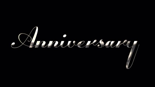 anniversary text animation silver cursive font against black. Suitable for anniversary cards, invitations, social media posts, and celebratory designs.