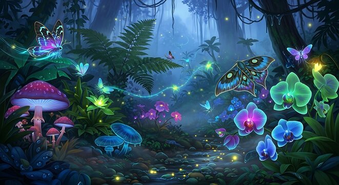 Enchanted Night Forest with Glowing Flora and Fauna.