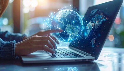 Business professional in dark suit working on laptop in modern office, digital holographic globe with data nodes projected, large windows and screens displaying analytics in high-tech workspace.
