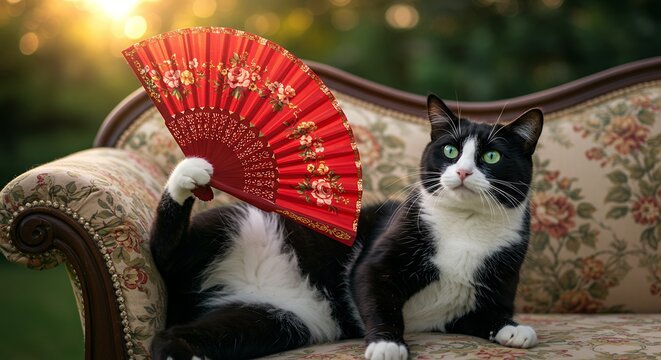 Cat cooling with a red fan on a sofa outdoor leisure scene
